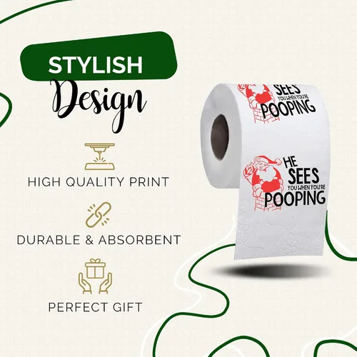 Vista 2 de Rollo de papel higiénico navideño con texto en inglés «He Sees You When You're Pooping», divertido papel higiénico, divertido regalo de Feliz
