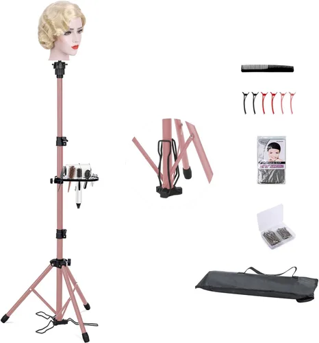 Vista 9 de Klvied Soporte para peluca con trípode ajustable, soporte para cabeza de maniquí con panel para pies, cabeza de peluca de metal reforzada