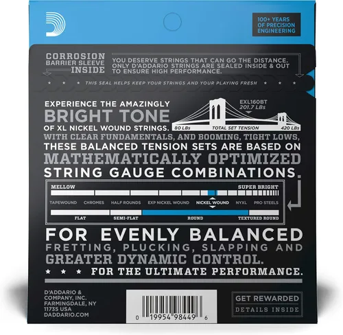 Vista 2 de D'Addario Cuerdas de Bajo Eléctrico - EXL160BT 50-120 - Cuerdas de Bajo Enrolladas en Níquel - Para Bajo de 4 Cuerdas - Tensión Equilibrada Media