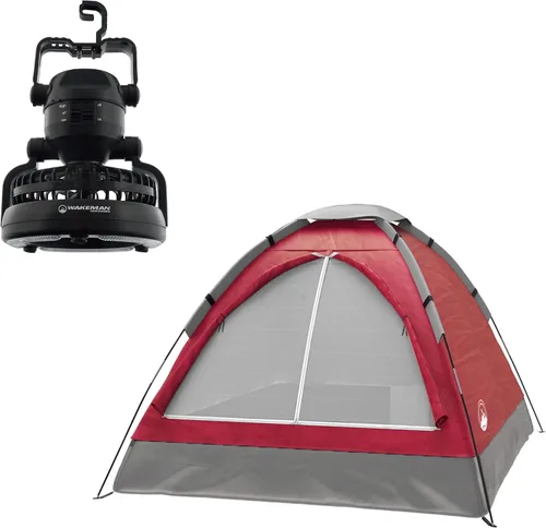 Vista 13 de Wakeman Tents 2-Person Tent with Removable Rain Fly and Carry Bag – Comes with Camping Lantern with Fan – Weather-Resistant Camping Accessories by