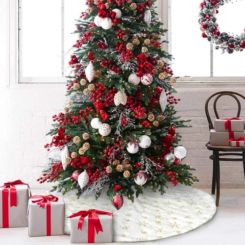 Vista 7 de Dremisland Falda para Árbol de Navidad 36" Grande Blanca y Dorada de Lujo de Piel Sintética con Copitos de Nieve Falda para Árbol Super Suave