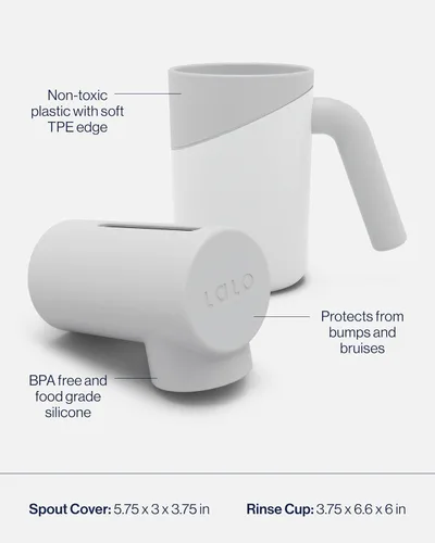 Vista 3 de Lalo Artículos esenciales para el baño, incluye protector de rodilla y codo, taza de enjuague y cubierta de boquilla, artículos esenciales de baño