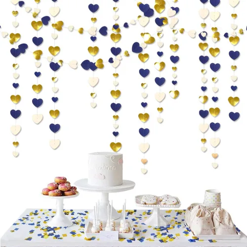 Vista 6 de 52 pies Guirnalda de corazón de amor dorado azul marino para decoración de fiesta del día de San Valentín Bandera de serpentina colgante azul real