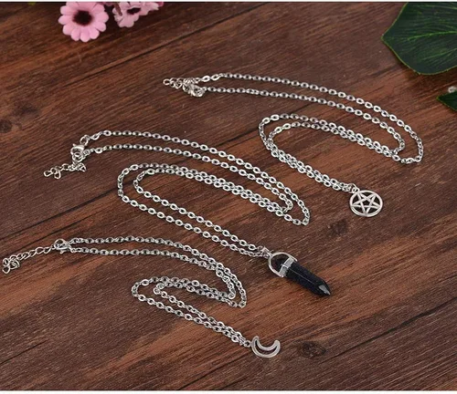 Vista 4 de MJartoria Collar de pentagrama de luna collar de chakra de cristal colgante con dije cadena de aleación multicapa conjunto de gargantilla joyería