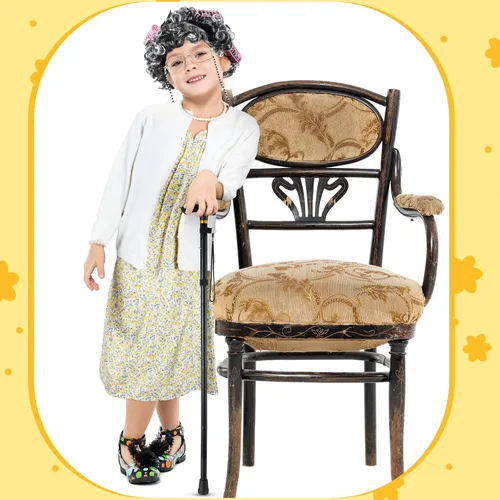 Vista 7 de 9 piezas de disfraz de anciana para niñas del día 100 de escuela, disfraz de abuela para Halloween, accesorios de cosplay