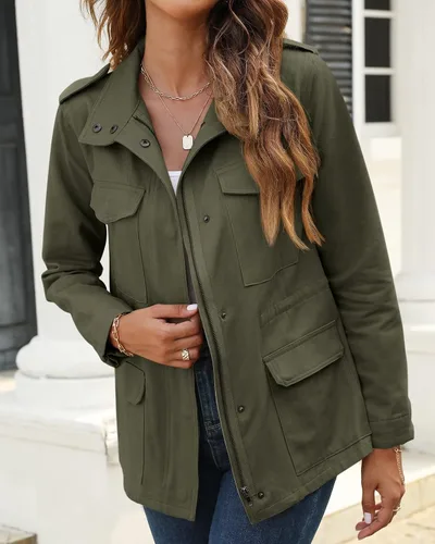 Vista 2 de Chaqueta militar para mujer, con cremallera y botones a presión, ligera, anorak utilitario para uso en campo, safari, abrigo para exteriores