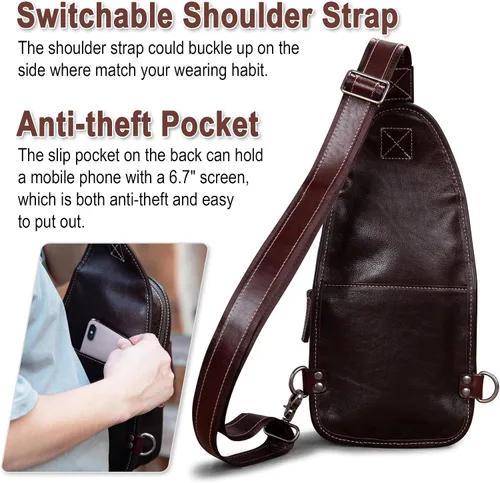 Vista 5 de CENUNCO Geniune - Bolso bandolera de cuero para hombres y mujeres, bolso cruzado para el hombro, mochila para el pecho