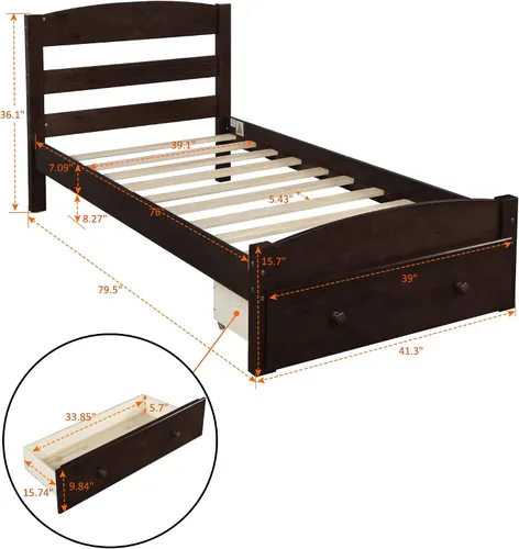 Vista 2 de Merax Cama de plataforma de tamaño individual con cajón de almacenamiento, marco de cama de madera con cabecera y estribo/fácil montaje/soporte