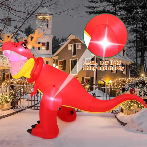 Vista 2 de COMIN - Adornos inflables de Navidad de 1.8 m para exteriores, dinosaurio con cuernos navideños, inflables con LED integrados para decoración
