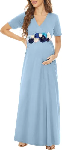 Vista 5 de Kim S Vestido largo de maternidad con banda de flores (S-3XL), vestido de fiesta baby shower con cuello en V fruncido