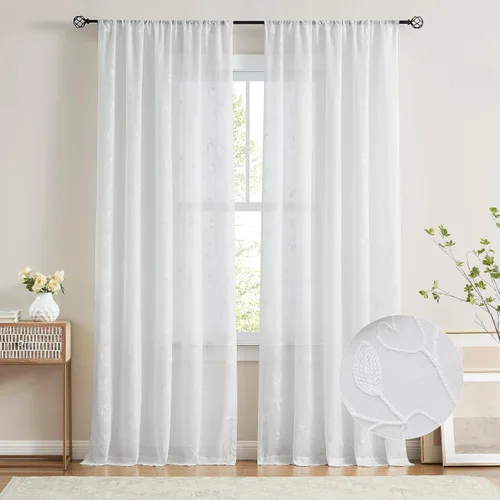 Vista 9 de Vision Home Cortinas con textura de lino transparente floral de 84 pulgadas, paneles de ventana bordadas con estampado de hojas para sala de estar