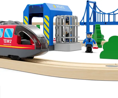 Vista 6 de Juego de accesorios de tren de madera, estación de policía para vías de tren de madera, compatible con todos los ferrocarriles de madera