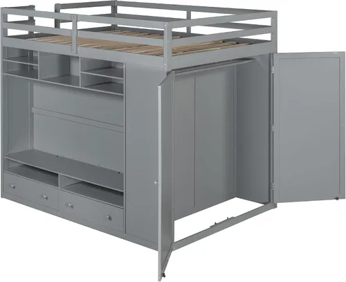 Vista 5 de Cama tipo loft de tamaño matrimonial con cajones, cama tipo loft de madera con armario, estantes y luz LED, gris