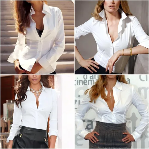 Vista 3 de HOTOUCH Camisas de mujer con botones de manga larga, camisa de vestir ajustada, blusas de trabajo, cuello, elegantes, casuales, de negocios