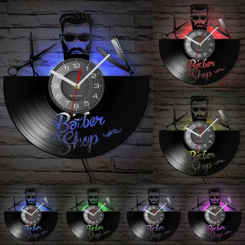 Vista 2 de Reloj de pared decorativo de 12 pulgadas con 7 modos luminosos, reloj de pared decorativo vintage para peluquería, disco de vinilo, reloj de pared