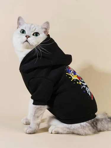 Vista 3 de QWINEE Sudadera con capucha para gatos con estampado de oso de dibujos animados, transpirable, elástica, con gorro, ropa cálida para gatos y perros