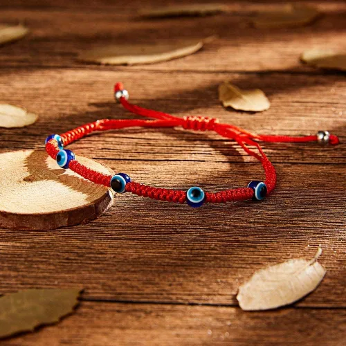Vista 4 de Pulseras de mal de ojo para mujer, 7 nudos, color rojo de la suerte, ajustable, ojo turco, cábala, pulsera de cuerda roja para niñas