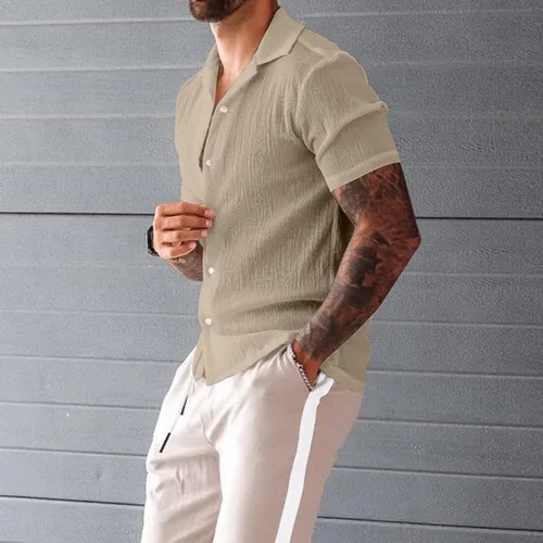 Vista 3 de Camisas casuales con botones para hombre, manga corta, color sólido, para yoga, playa, hawaiano, verano, vacaciones