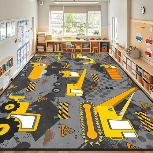 Vista 30 de Alfombra de construcción – Alfombras de construcción para habitación de niños, divertido diseño de camión de dibujos animados, alfombra de coche