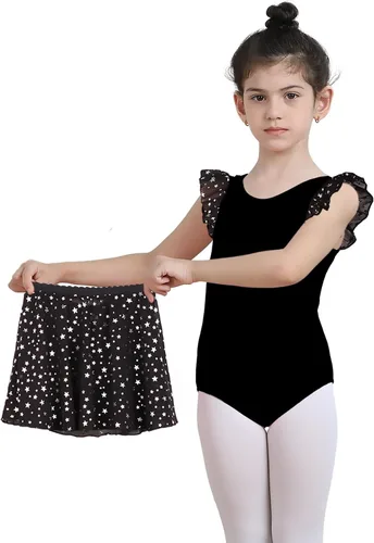 Vista 34 de iLover Vestido de leotardo clásico con tutú y mangas con volantes para niñas, para danza, gimnasia y ballet Negro