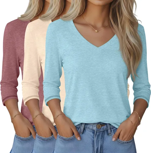Vista 20 de Ficerd Paquete de 3 camisetas de manga 3/4 para mujer, cuello en V, blusas holgadas, blusas casuales, ropa de moda 2026