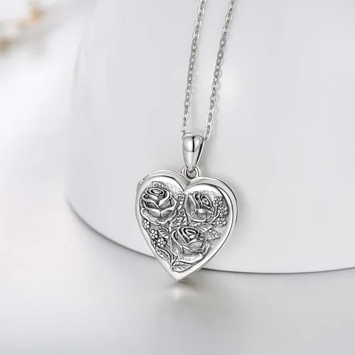 Vista 2 de MEDWISE Collar con medallón de plata de ley 925 que sostiene fotos collar de fotos oxidado colgante de corazón medallones para mujeres regalos