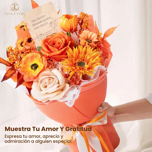 Vista 6 de Ramo de flores preservadas de color naranja, ramo de regalo para mujeres, regalo de flores falsas eternas para Navidad, aniversario, cumpleaños