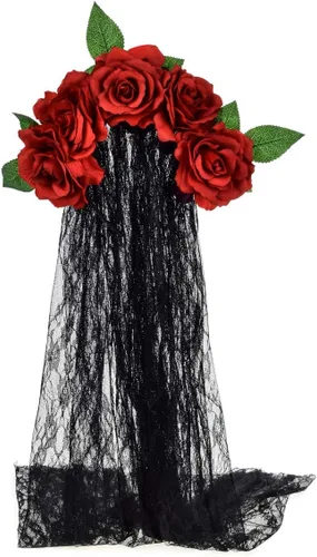 Vista 2 de June Bloomy - Diadema mexicana de día de muertos, disfraz de Halloween, velo con corona de rosas