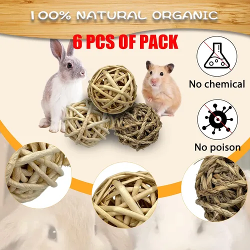 Vista 2 de Tfwadmx 6 unidades de bolas masticables de animales pequeños, juguete de conejo, bolas de juego de actividades rodantes, jaula para mascotas