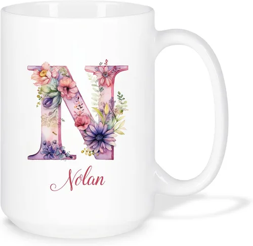 Vista 14 de Taza de café personalizada de la letra A del alfabeto, Taza de café blanca con nombre personalizado único, Taza inicial de monograma floral