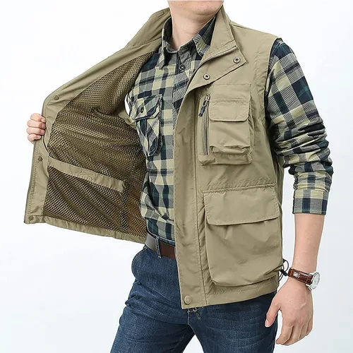 Vista 4 de BOOMLEMON Chaleco casual de trabajo al aire libre para hombre, chaleco de tiro para pesca de safari, chaqueta ligera de viaje con múltiples bolsillos