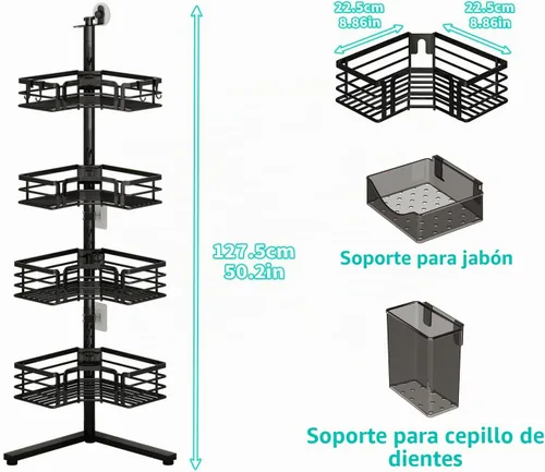 Vista 7 de HapiRm Corner Shower Caddy Stand - 4-Tier Adjustable Shower Shelves, Black