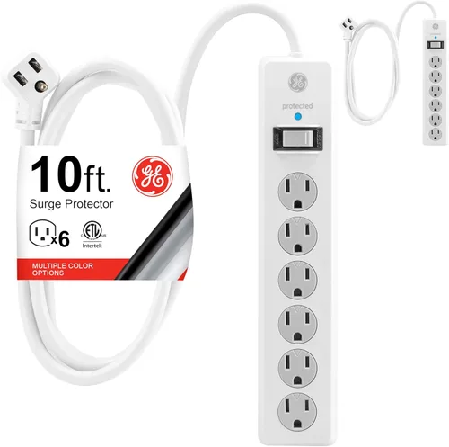 Vista 11 de GE - Protector de sobretensión de 6 tomas, extensión de 6 pies, multicontactos, 800 julios, enchufe plano, tapas de seguridad de cierre por torsión
