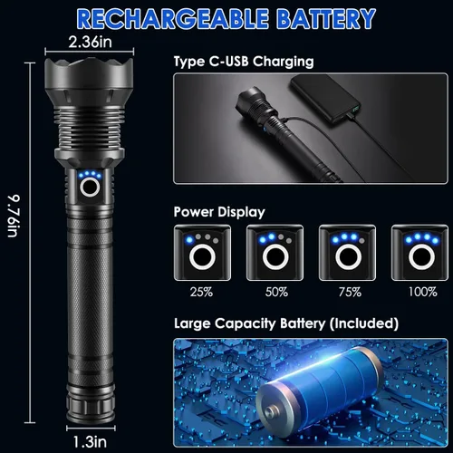 Vista 4 de Linternas recargables de alto lúmenes, linterna resistente recargable, linterna LED súper brillante con 5 modos, luz de flash potente ajustable