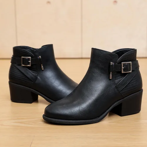 Vista 5 de Luoika Botines anchos para mujer, botas cortas negras y marrones con tacón bajo y cremallera lateral.
