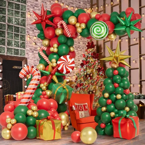 Vista 4 de Kit de arco de globos de Navidad de 171 piezas, globos rojos, verdes y dorados, globos de caja de regalo de caramelos, globos de papel de aluminio