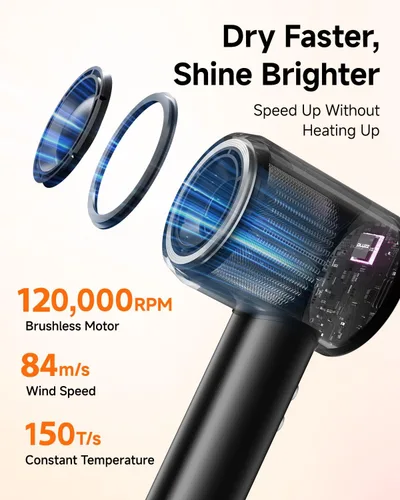 Vista 7 de Secador de pelo profesional con difusor para cabello rizado, secador iónico negativo de 1,312.3 ft para secado rápido, motor sin escobillas de alta