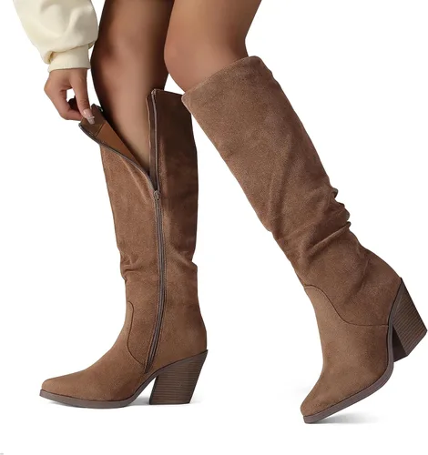 Vista 6 de Putu Botas altas hasta la rodilla con punta puntiaguda para mujer, botas de tacón grueso apiladas, con cremallera lateral, botas altas holgadas