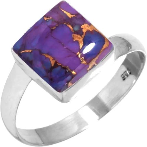 Vista 5 de Boho - Anillo de plata de ley 925 hecha a mano con piedras preciosas naturales, lapislázuli, granate, turquesa y cuadrado Ámbar