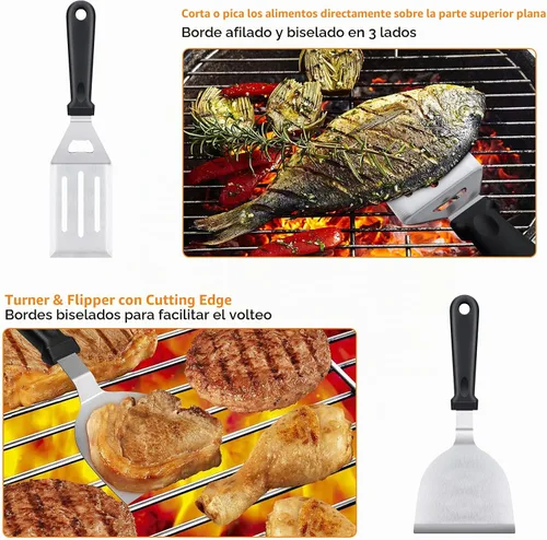 Vista 4 de Blackstone Kit de accesorios para parrilla, 16 piezas de accesorios de parrilla plana para Blackstone y chef de campamento con espátula, raspador