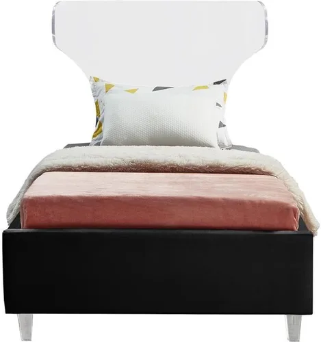 Vista 4 de Meridian Furniture Colección Ghost Modern Cama tapizada de terciopelo contemporánea con cabecera y patas acrílicas, tamaño individual, color negro