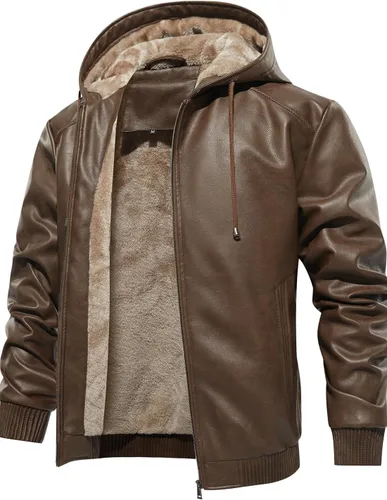 Vista 7 de Fanarcher Chaqueta de hombre de piel sintética con forro polar acolchada tipo bomber para motocicleta con capucha
