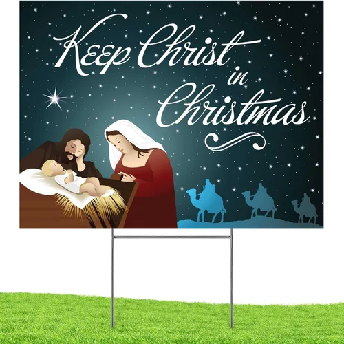 Vista 2 de Letrero de Navidad con texto en inglés "Keep Christ in Christmas" para exteriores, de doble cara, con soporte de metal, para iglesia, hogar