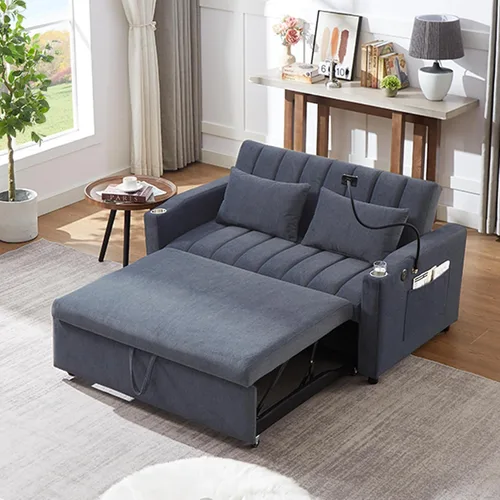 Vista 10 de Elegante sofá cama convertible de 54.7 pulgadas, sofá modular con cama extraíble con dos puertos USB y 4 almohadas, sofá biplaza para espacio
