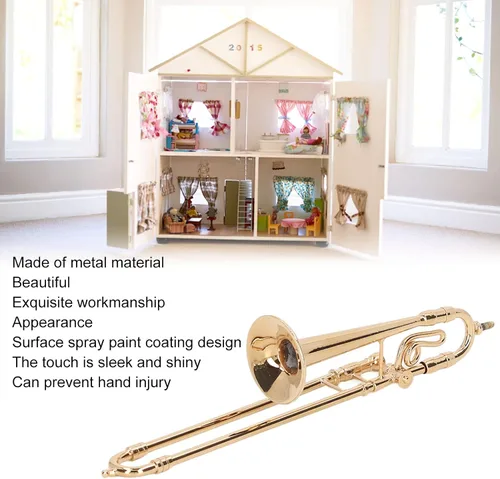 Vista 4 de Mini modelo de trombón de cobre con soporte y estuche, instrumento musical de casa de muñecas de latón para decoración del hogar, réplica