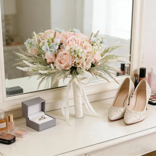 Vista 2 de LESING Ramos de novia de 11.8 pulgadas, rosas artificiales hechas a mano, románticos, para novia, dama de honor, celebración de flores, 11.8 Ramo