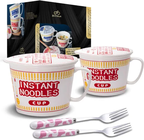 Vista 7 de Tazones de ramen con tapa y asa, lindos tazones de fideos instantáneos para ramen, juegos de cuencos grandes de cerámica con tenedor, regalo para 2