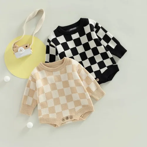 Vista 2 de Ropa unisex de tablero de ajedrez para bebé, niña y niño, mameluco de punto con burbujas, mameluco de una pieza