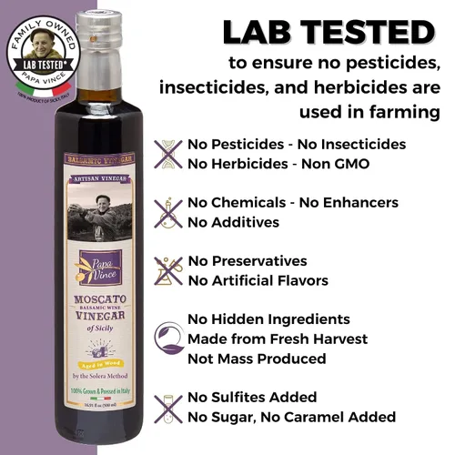 Vista 6 de Papa Vince Vinagre balsámico envejecido, sin azúcar, sin sulfitos añadidos, sin pesticidas. Hecho de uvas enteras recién trituradas cultivadas