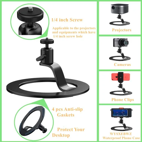 Vista 3 de Soporte de aluminio para proyector, base de montaje para proyector de escritorio, ángulo de cabeza esférica, soporte de mesa ajustable de 360 grados